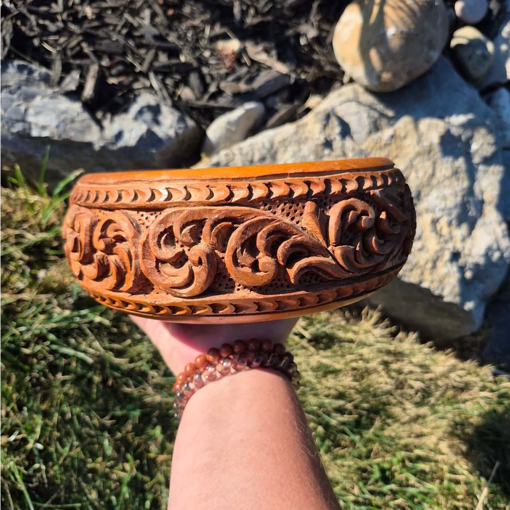 Vintage Hand-Carved Wooden Decorative Bowl with Floral Relief